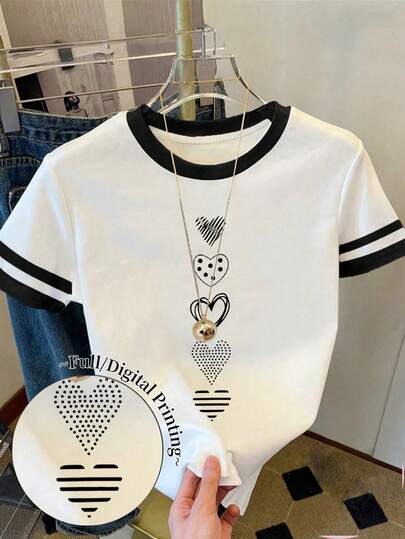 Camiseta corta blanca para mujeres y adolescentes con rayas negras, diseños con estampado de corazón, adecuada para el Día de San Valentín, uso casual diario, estilo ajustado cómodo, apropiada para primavera, verano y otoño