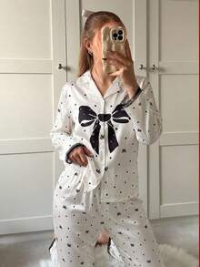 Cute Bow Combination Print Teen GirlWomen's Long Sleeve Cardigan And Pants Casual 2-Piece Loungewear Set, Lace Trim Design Adds Elegance And Charm - Apricot - View 3