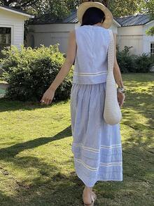 DAZY 女士休闲条纹蕾丝拼接无袖上衣和A字裙两件套，夏季 - 藍色 - 查看 2