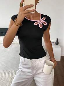 Siren Gaze Women's Asymmetrical Design Color Block Hollow Out Fitted T-Shirt,Summer Top - Multicolor - View 3