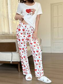 Dream Adore Set Piyama Wanita Lengan Pendek Kasual dengan Motif Kartun Hati & Beruang - Putih - View 5