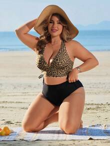 SHEIN Swim 2026 New Summer Beach Vacation Geometric Print Plus Size Women Halter Bikini Set - Multicolor - View 4