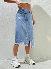 Easelle Women's Casual Fashion Street Chic Daily Commute Overlap Waist Distressed Frayed Hem Asymmetrical Hem Denim Skirt - Medium Wash - View 3