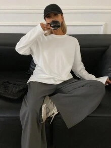 Livesso 女士纯色休闲百搭长袖宽松圆领T恤 - 白色 - 查看 7