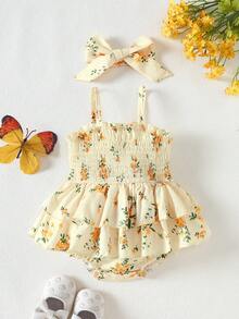 SHEIN Vintaside Kids BABYGIRL Summer Spaghetti Strap Romper With Ruffled Hem, Playful And Suitable For Everyday Wear