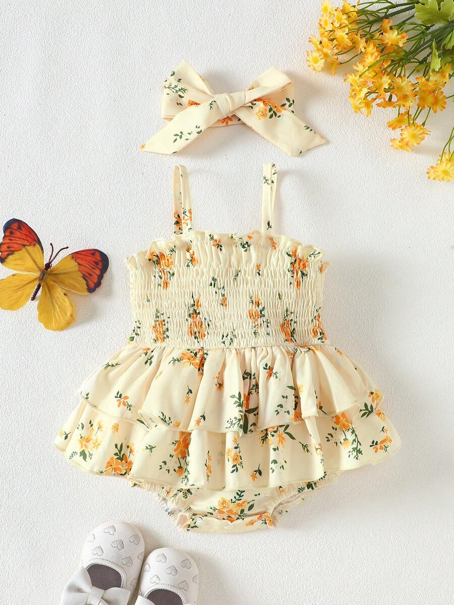 SHEIN Vintaside Kids BABYGIRL Summer Spaghetti Strap Romper With Ruffled Hem, Playful And Suitable For Everyday Wear