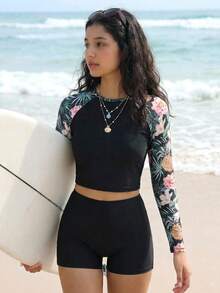 SHEIN Teen Girl Raglan Sleeve Tropical Plant Print Top And Shorts Swimsuit Set - Black - View 2
