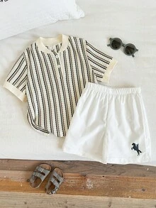 2 pezzi/set Completo casual per ragazzo giovane composto da polo a maniche corte a righe color albicocca e pantaloncini bianchi, adatto per feste di compleanno, rave, feste serali, performance, matrimoni - Multicolore - Visualizzare 3