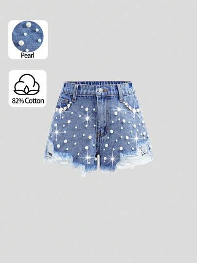 SHEIN Tween Girl Elegant Casual Light Washed Distressed Bowknot Denim Jeans Shorts With Pocket Insert, Faux Pearl, And Frayed Hem, For Spring And Summer Vacation Festival