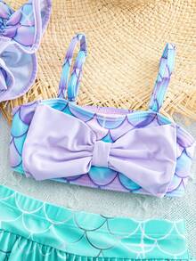 SHEIN 女婴可爱夏季美人鱼印花休闲针织蝴蝶结拼接撞色比基尼套装，含泳帽 - 紫色 - 查看 5