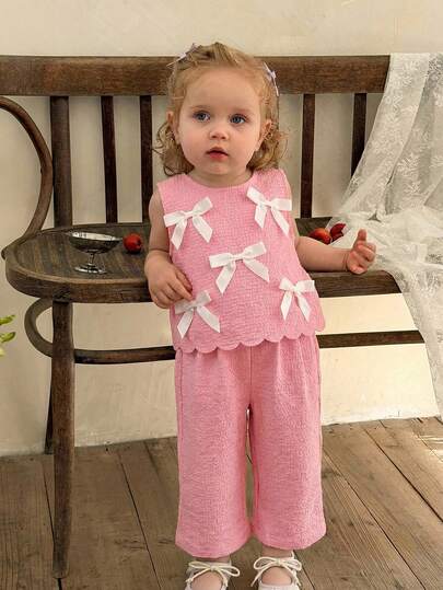 SHEIN 2件套女婴编织圆领蝴蝶结装饰休闲背心和打底裤套装