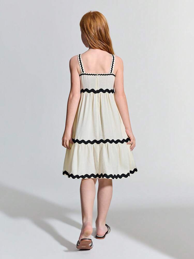 Tween Girl Woven Apricot & Black Wavy Ruffle Trim Casual Cami Dress