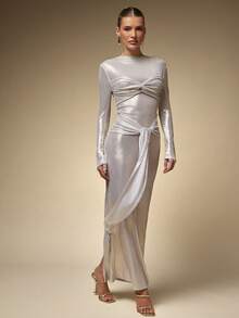 Hauture Shiny Long Sleeve Round Neck Wrap Bust Bodycon Dress For Women - Silver - View 3