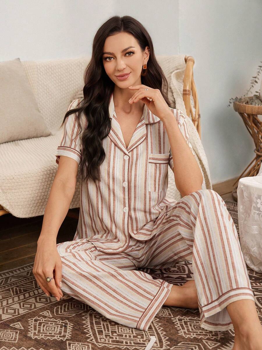 Serenescape Striped Collar Short Sleeve Pajama Set - Multicolor - View 1