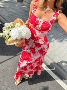 Pariaura INS Style Ruffle Strap Backless Tie Dress For Women - Red - View 4