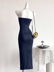 SHEIN Strapless Slit Snug Fit Skirt, Fashionable & Sexy, Fitted Design, High Waist Slit, Suitable For Parties - Navy Blue - View 6