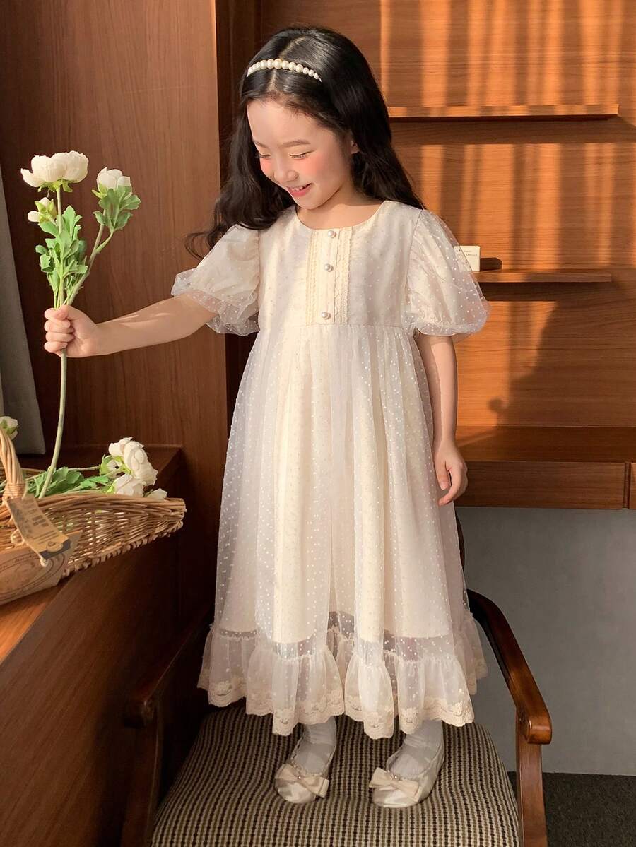 Dazy Kids Vestido de fiesta de cumpleaños de estilo coreano con mangas cortas abultadas y lunares en relieve para niña pequeña - Rosa - Ver 1