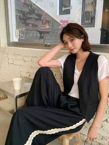 DAZY 女士V领纯色休闲背心和九分裤两件套家居服套装 - 黑色 - 查看 10