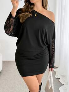 SHEIN Essnce Plus-Size Women's Elegant Sexy 70's Black Autumn Party Night Dress, Casual Off-Shoulder Lace Sleeves Short Curve Dress, High-Elasticity Spring Outfits - Black - View 1