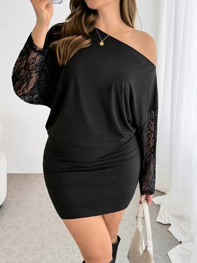 Shapeblank Plus-Size Women's Spring/Summer Fashion Casual Loose High-Elasticity Comfortable Everyday Black Off-Shoulder Short Dress With Lace Sleeves,Spring Outfits,Curve Dress