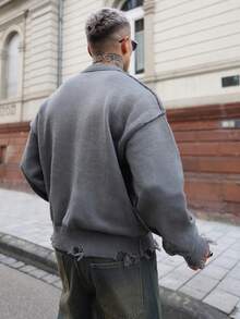 Artur Kramer 秋冬季男女通用街头风极简长袖圆领套头毛衣，饰有流苏和做旧细节，宽松舒适 - 灰色 - 查看 4