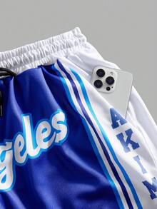 ROMWE MEN Prep 男士撞色条纹字母印花斜插口袋篮球运动短裤 - 藍色 - 查看 4