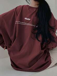 DAZY 女士圣诞红色字母印花宽松圆领T恤，百搭，适合春秋、中国新年等场合。 - 酒紅色 - 查看 5