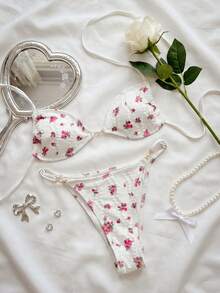 Swim Mod 2pcs Women's White Floral Summer Tropical Pool Party Vacation Holiday Pearl Decor Halter Backless Triangle Top And Adjustable Bikini Bottom Set - Multicolor - View 5