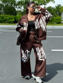 Muchica Plus Size Women Letter Print Drop Shoulder Long Sleeve Hoodie And Pants Casual 2 Piece Set - Brown - View 8