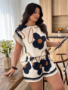SHEIN VCAY 大码女式印花宽松休闲短裤套装，春夏女式两件套夏季服装 - 彩色 - 查看 6