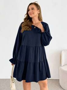 SHEIN Essnce Plus-Size Women's Navy Blue Autumn Long-Sleeved Dress,Smart Casual Vacation Textured Fabric Loose Fashion Everyday Comfortable Basic Dress - Navy Blue - View 3