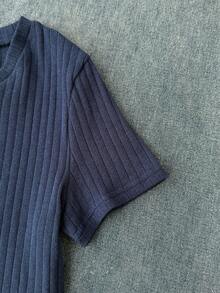 SHEIN Camiseta de manga corta de cuello redondo casual con elástico acanalado para niñas preadolescentes - Azul Marino - Ver 5