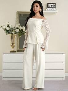 Modelyn Conjunto elegante de top hombros descubiertos y pantalones con aplicaciones de encaje - Albaricoque - Ver 3
