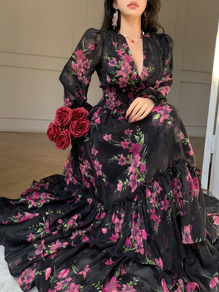 V-Neck Lantern Sleeve Printed Waist Flared Dress For Women, Elegant Design Summer Boho