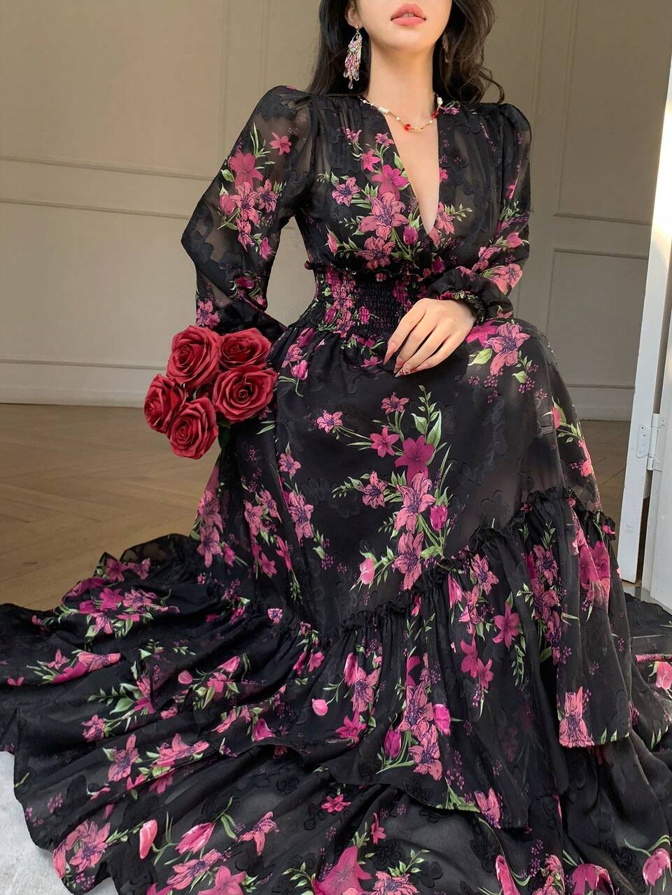 V-Neck Lantern Sleeve Printed Waist Flared Dress For Women, Elegant Design Summer Boho Sun Dresses For Women Vacation Outfits Women