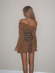 Sydney Algeri French Casual Vintage Brown Plaid Patchwork Sexy Asymmetrical Shoulder Lapel Waist Fitted A-Line Puff Sleeve Spring New Women Short Dress - Brown - View 2