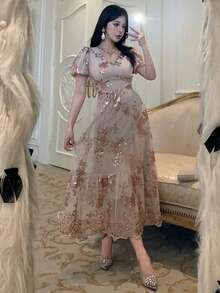 DAZY 女士优雅花卉亮片V领泡泡袖连衣裙，夏季婚礼宾客礼服/吊带裙 - 粉色 - 查看 7