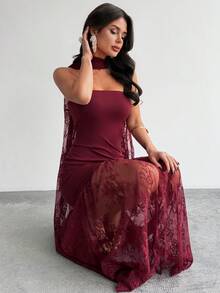 Firerie Women's Elegant Minimalist Sophisticated Romantic Charming Atmosphere Valentine's Day Date Party Wedding Guest Holiday Strapless Lace Patchwork Asymmetric Hem Lace Ribbon Bodycon Wine Red Dress - Burgundy - View 3