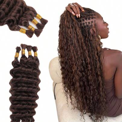  100% Human Braiding Hair For Boho Braids Deep Wave Curly Human Hair Braiding Hair 4 Bundles/Pack 95g Full Head Natural Black Bulk Human Hair Extension For Knotless Braiding Wet Wavy No Weft Pre Separated Braiding Hair Human Hair Extensions For Women