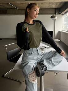 DAZY 拼色插肩袖T恤，秋季服装长袖女式上衣 - 軍綠色 - 查看 5