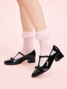 CUCCOO DOLLMOD Giày nữ kiểu cổ điển T-Word với họa tiết Mary Jane, giày cao gót thanh lịch có nơ, mũi vuông, chất liệu da bóng kiểu Pháp. - màu đen - Xem 5