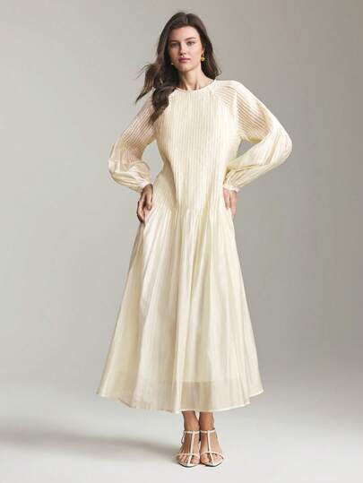 Ontre 2026SS Spring/Summer New Women's Long Dress, Apricot Color, Comfortable Soft Woven Fabric, Loose Fit Round Neck Long Sleeve, Modern Urban Chic Business Casual Office Wear, Low-Key Elegant Vibe, High-Quality Airport/Cruise Ship Outfit, Wedding Guest Attire, Minimalist Luxurious Feel, Versatile Four-Season Dress, A-Line Design Fashion Bestseller Puff Sleeves Dresses French Style Dress Vintage White Dress Cream Dresses For Women Elegant