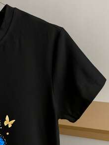 Franclia Áo thun nữ tay ngắn cổ tròn in hình bướm, kiểu dáng thường ngày, thích hợp cho mùa hè. - màu đen - Xem 4