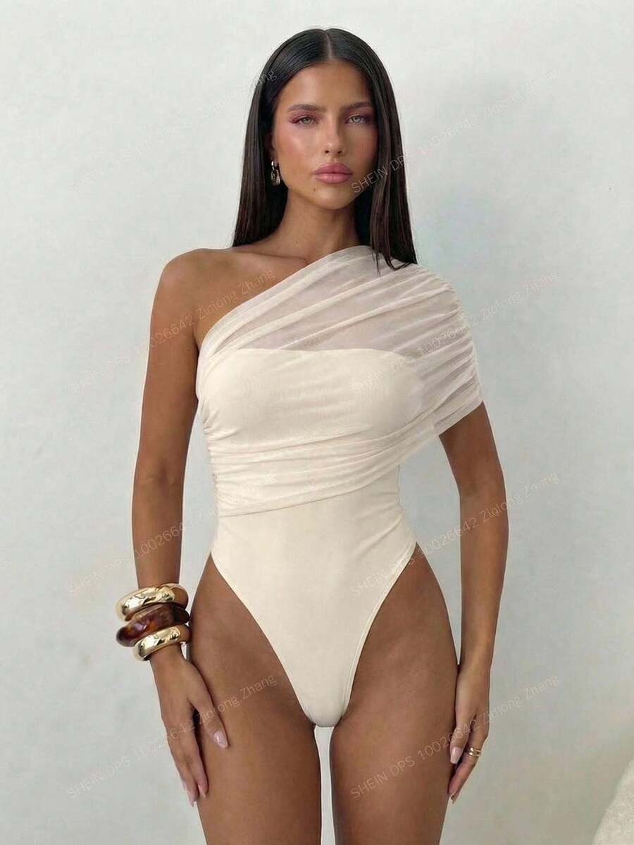 SHEIN BAE Apricot Asymmetric Shoulder Women's Elegant Bodysuit, Minimalist Basic FittedBodysuitt, Autumn/Winter Bodysuit, Apricot Top, Sheer Wrap Ruched Shoulder Blouse Bodysuit For Women - Apricot - View 1