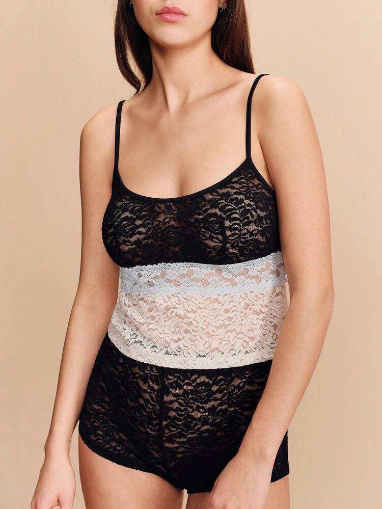 Lace Sleepwear Set With Contrast White And Blue Lace Panel Cami Top And Matching Black Lace Shorts Romantic Feminine Nightwear French Style Parisian Style