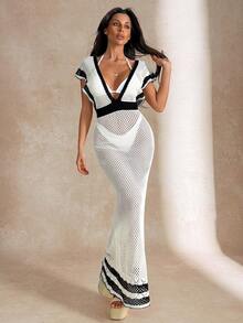 SHEIN Cottnline Beige-schwarzer Kontrast gehäkeltes Maxikleid mit tiefem V-Ausschnitt, ausgeschnitten, Strandüberwurf, sexy Urlaubsoutfit - Weiss - Übersicht 4