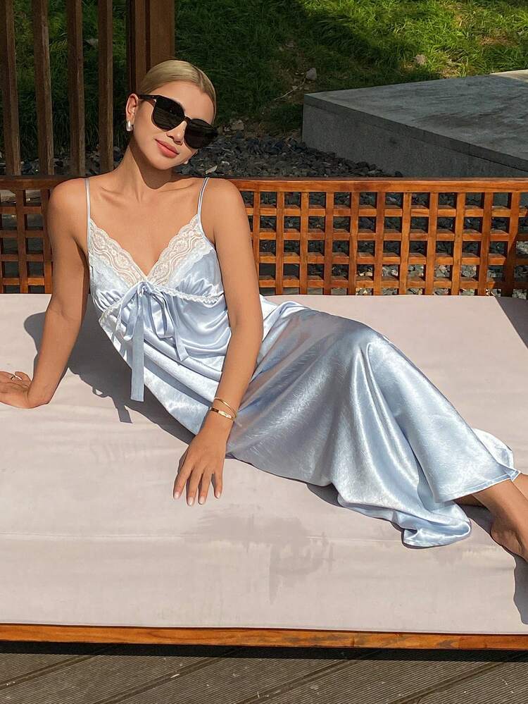 Romantic Satin Ombre Lace Patchwork Camisole Waist Maxi Nightgown For Women
