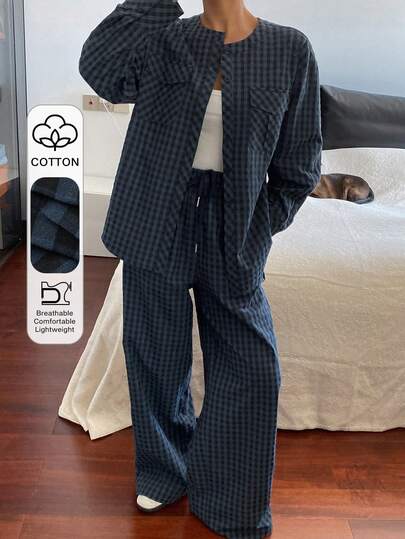 Livesso Conjunto de 2 piezas de mujer con camisa tipo cardigan con bolsillo grande y pantalón de estilo casual y suelto con estampado a cuadros, adecuado para otoño y primavera