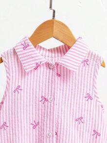 SHEIN Playful Pals 女童粉色条纹无袖不对称衬衫，后背饰有蝴蝶结，适合上学、休闲和各种外出场合。 - 粉色 - 查看 4