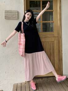 DAZY 女式长款拼布连衣裙、荷叶边连衣裙、休闲女装 - 黑色 - 查看 8